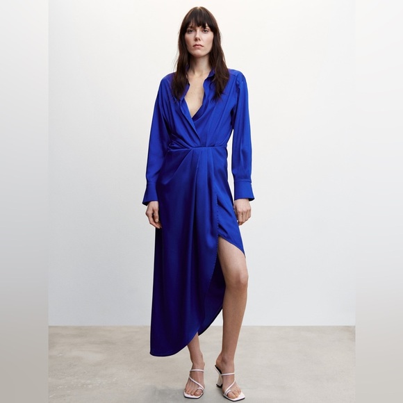 NWT MANGO Royal Blue Side Slit Satin Long Sleeve Dress M - Picture 1 of 13